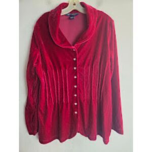 Susan Graver Satin Velvet Shawl Collar Pleated Button Up Blouse size Large